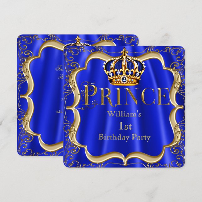 Convites Prince primeiro aniversario Boy Royal Blue Dourado (Frente/Verso)