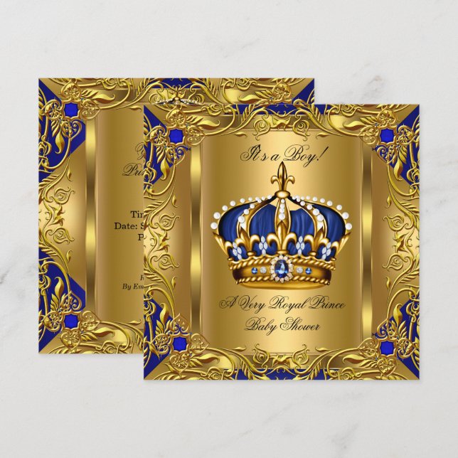 Convites Prince Royal Blue Chá de fraldas Boy Regal Dourado (Frente/Verso)