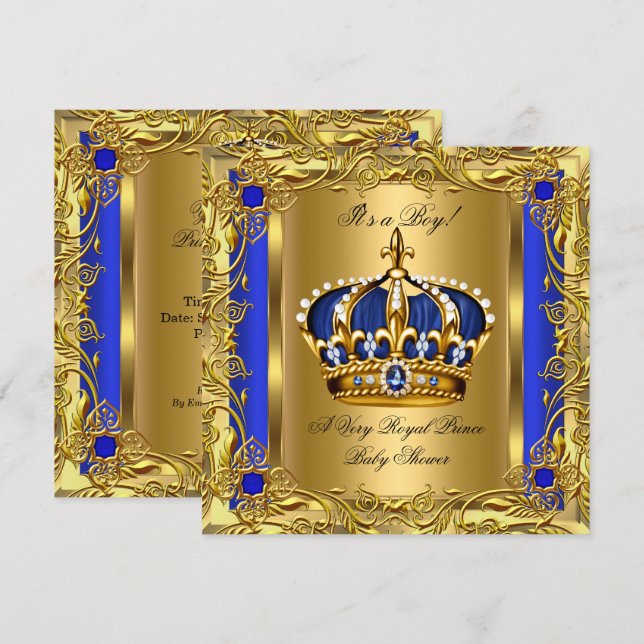 Convites Prince Royal Blue Chá de fraldas Boy Regal Dourado (Frente/Verso)