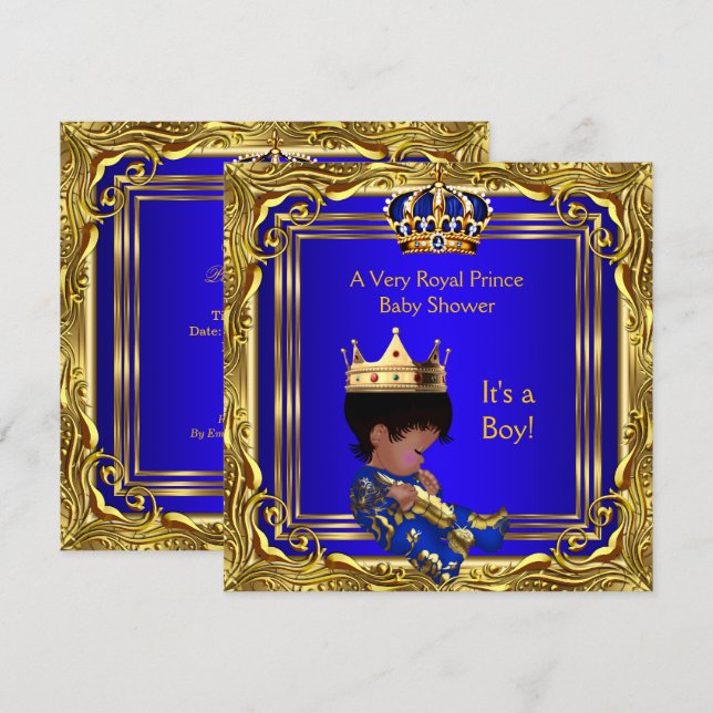 Convites Prince Royal Blue Chá de fraldas Dourado Boy Ethni (Frente/Verso)