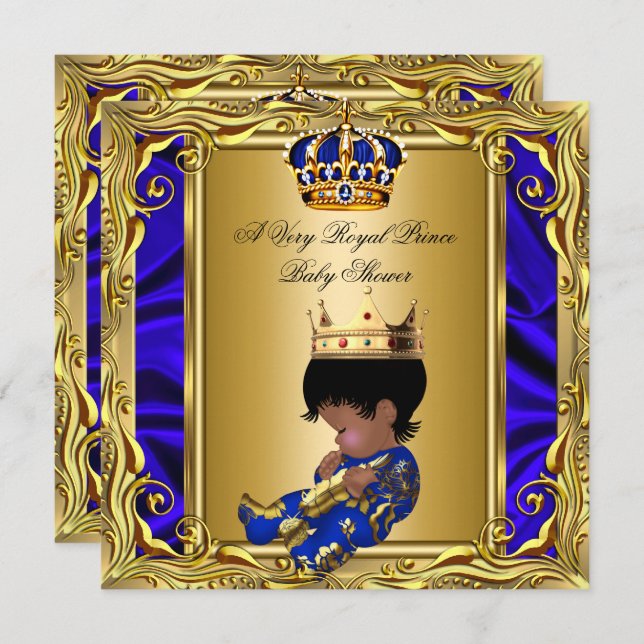 Convites Prince Royal Blue Chá de fraldas Regal Dourado Boy (Frente/Verso)