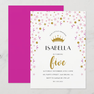 Convites Princesa 5 Birthday Confetti Dourado e rosa