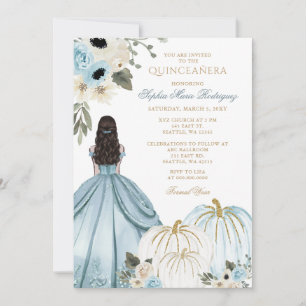Convites Princesa Abóbora Azul Dourada Floral Quinceañera