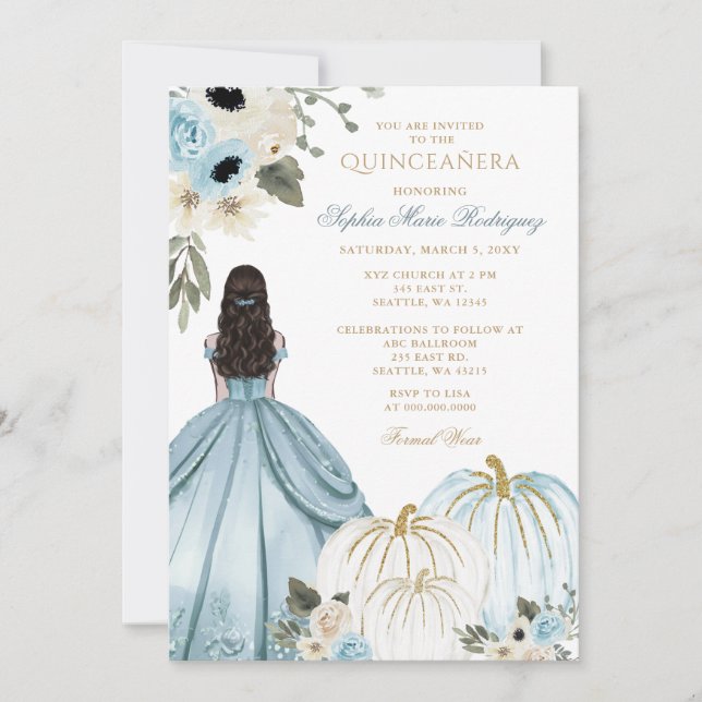 Convites Princesa Abóbora Azul Dourada Floral Quinceañera (Frente)