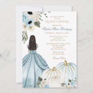Convites Princesa Abóbora Azul Dourada Floral Quinceañera