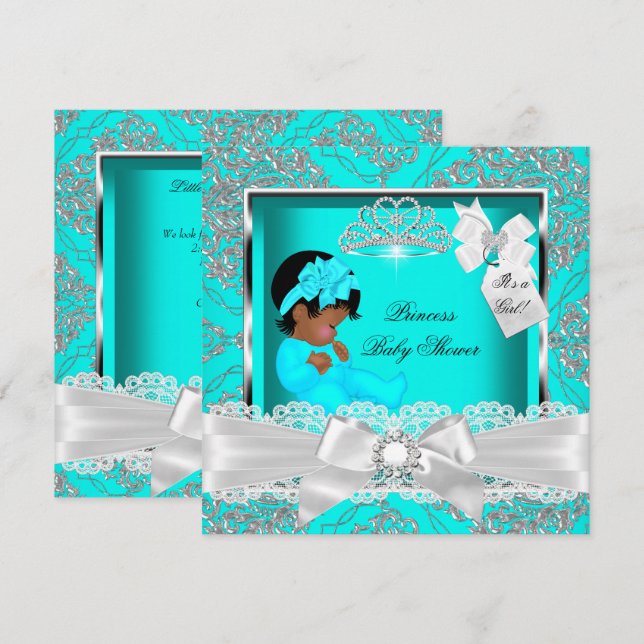 Convites Princesa Afro-Americana Chá de Bebê Menina Azul Tu (Frente/Verso)