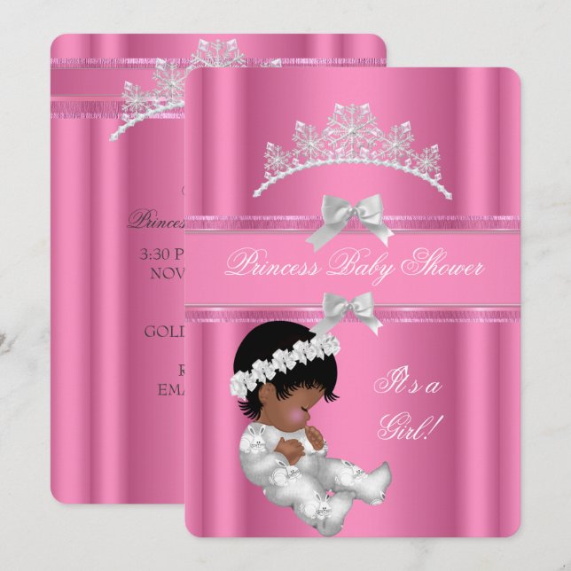 Convites Princesa Afro-Americana Chá de Bebê Menina Rosa (Frente/Verso)