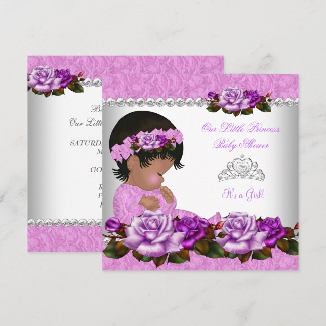 Convites Princesa Afro-Americana Chá de Bebê Menina Rosa 3a (Frente/Verso)