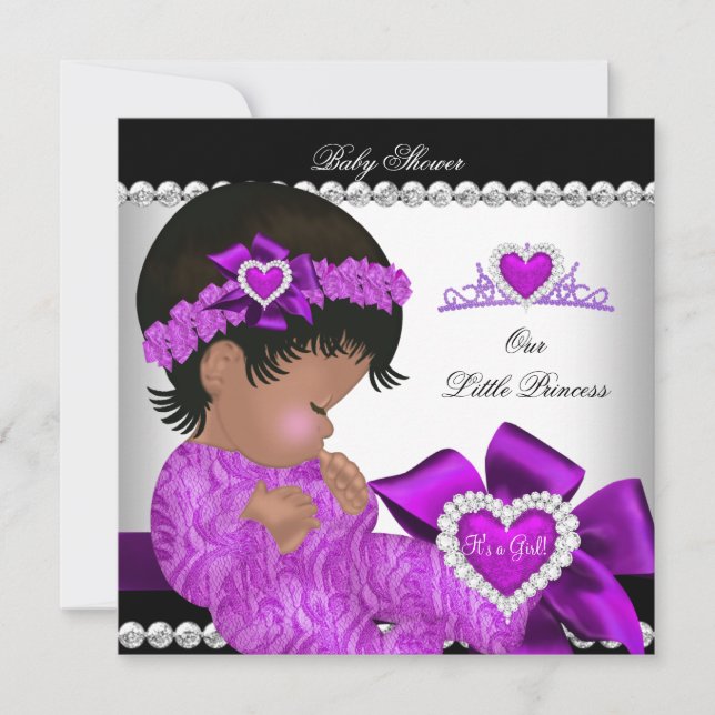 Convites Princesa Afro-Americana Chá de Bebê Menina Roxo (Frente)