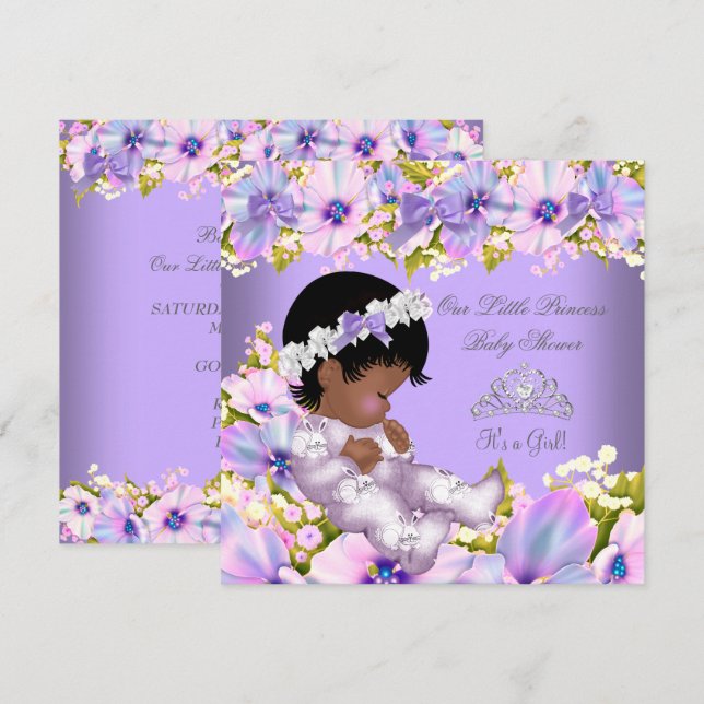 Convites Princesa Afro-Americana Chá de Bebê Menina Roxo (Frente/Verso)