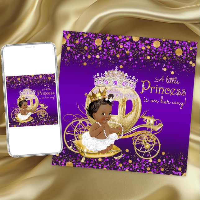 Convites Princesa Afro-Americana Chuvada de Bebê Roxo e Dou (Purple gold princess baby shower invitation. Instant download and printed invitations available.)