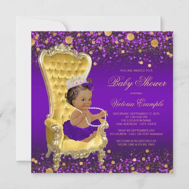 Convites Princesa Afro-Americana Chuvada de Bebê Roxo e Dou (Frente)