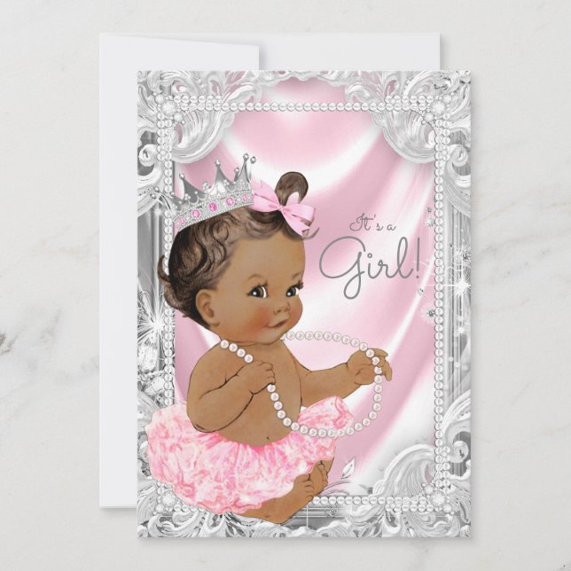 Convites Princesa Afro-Americana Chuveirinho Cinza Rosa (Frente)