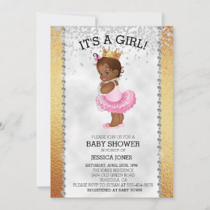 Convites Princesa Afro-Americana Chuveiro de Bebê Ouro Diam