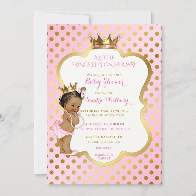 Convites Princesa Afro-Americana Rosa e Dourada Bebê Menina (Frente)