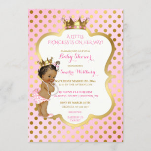 Convites Princesa Afro-Americana Rosa e Dourada Bebê Menina