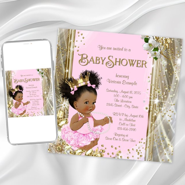 Convites Princesa Americana Africana - Convidações para Beb (Pink gold princess baby shower invitation. Instant download and printed invitations available.)
