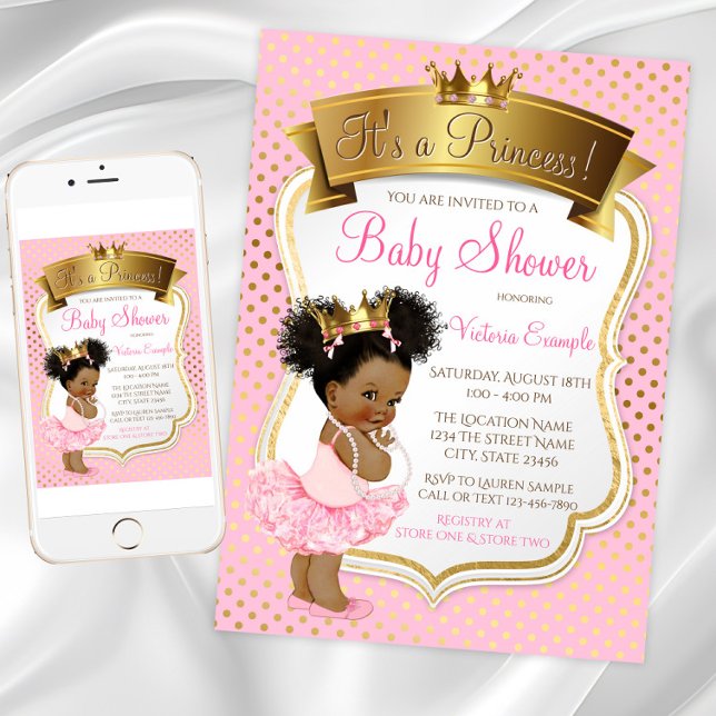 Convites Princesa Americana Africana - Convidações para Beb (African American princess baby shower invitation. Digital download and printed available.)