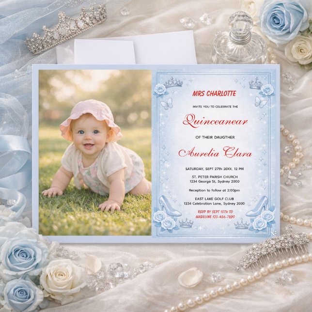 Convites Princesa Azul Claro Prateada Quinceanera Aniversár (Light Blue Silver Princess Quinceanera Birthday Invitation
)