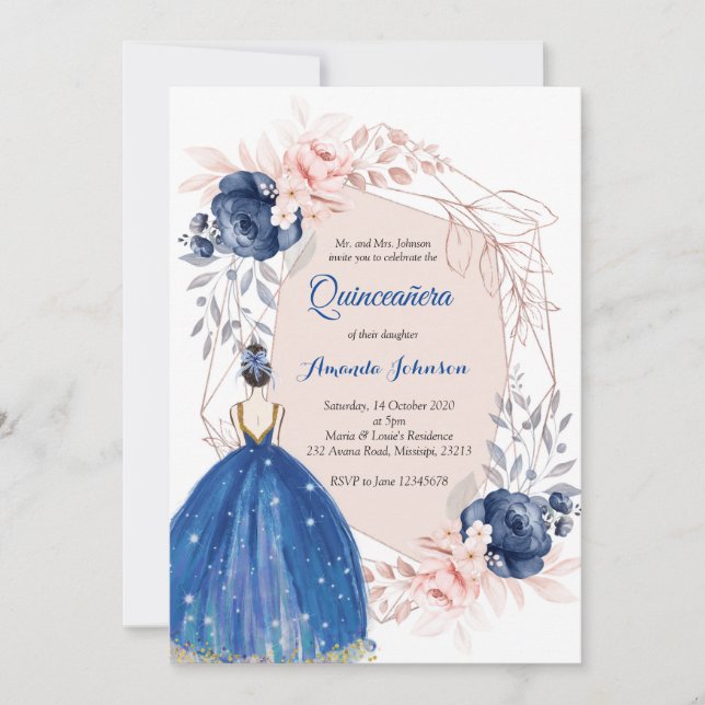 Convites Princesa Azul Marinho Quinceañera Aniversário Espa (Frente)