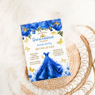 Convites Princesa Azul Real Quinceanera Floral Borboleta