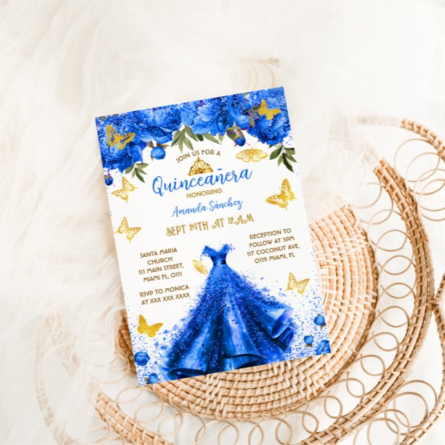 Convites Princesa Azul Real Quinceanera Floral Borboleta (Criador carregado)