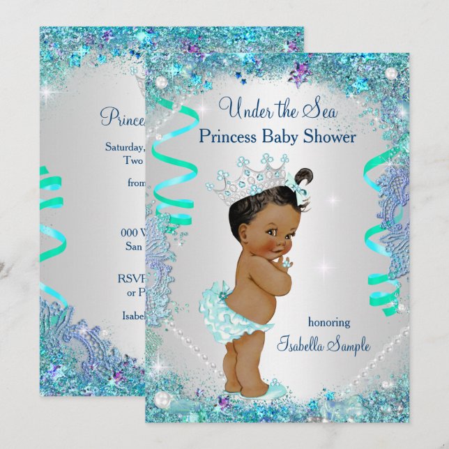 Convites Princesa Azul Sob o Mar Chuvada de Bebê Étnica (Frente/Verso)