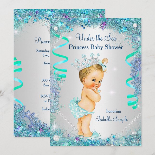 Convites Princesa Azul Sob o Mar Chuvada de Bebê Loura (Frente/Verso)