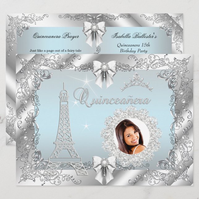 Convites Princesa Azul Turquesa Quinceanera Prata Foto GRAN (Frente/Verso)