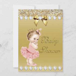 Convites Princesa Baby Dourado Faux Diamantes e Sequências