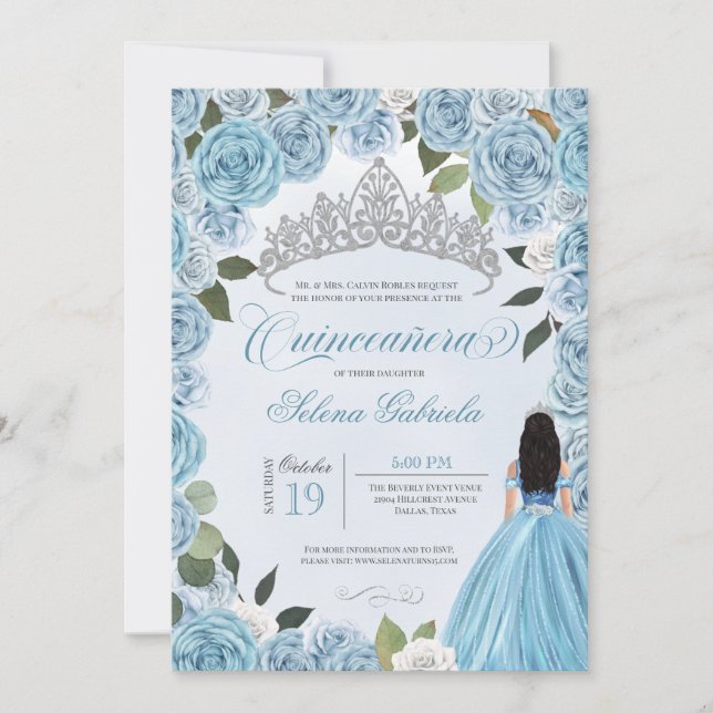 Convites Princesa Ball Blue Rosa Quinceanera (Frente)