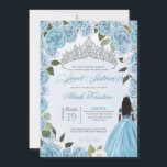 Convites Princesa Ball Blue Rosa Sweet 16 Aniversário<br><div class="desc">Celebrar o 16.º aniversário com este maravilhoso convite floral da princesa floral. Apresentando belos rosas de bebê e de gelo azul, uma glamourosa tiara prateada e uma linda garota em seu vestido princesa, este convite certamente agradará aos seus convidados em antecipação. Este design é totalmente personalizável. Você pode editar o...</div>