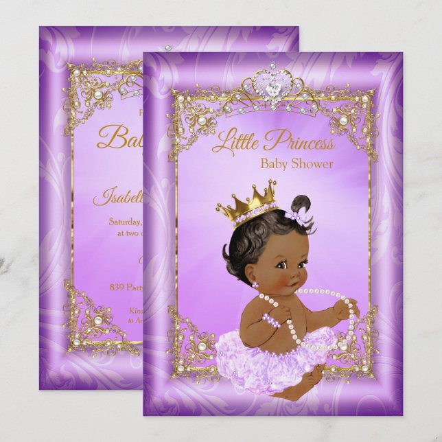 Convites Princesa Bebê Chuveiro Ouro Roxo Menina Étnica (Frente/Verso)