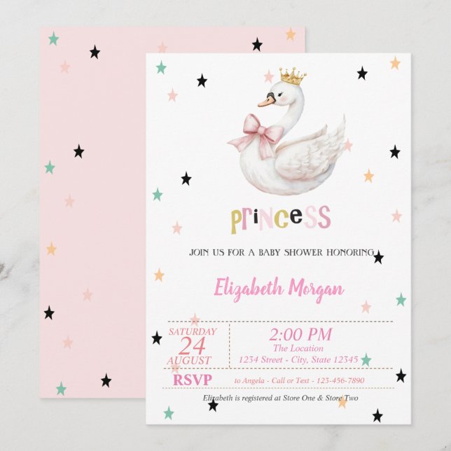 Convites Princesa Bebê Cisne, Chá de Bebê das Estrelas (Frente/Verso)