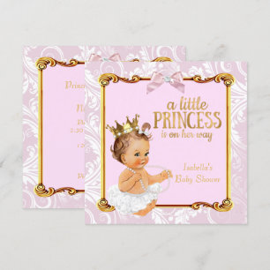 Convites Princesa Bebê Morena Chá de Bebê Branco Rosa Doura
