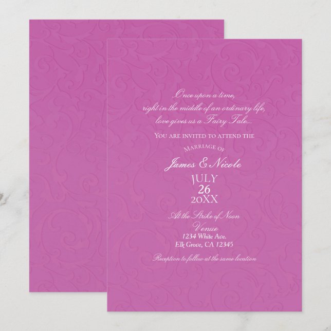 Convites Princesa Berry Pink Conto de Fadas Damasco Casamen (Frente/Verso)