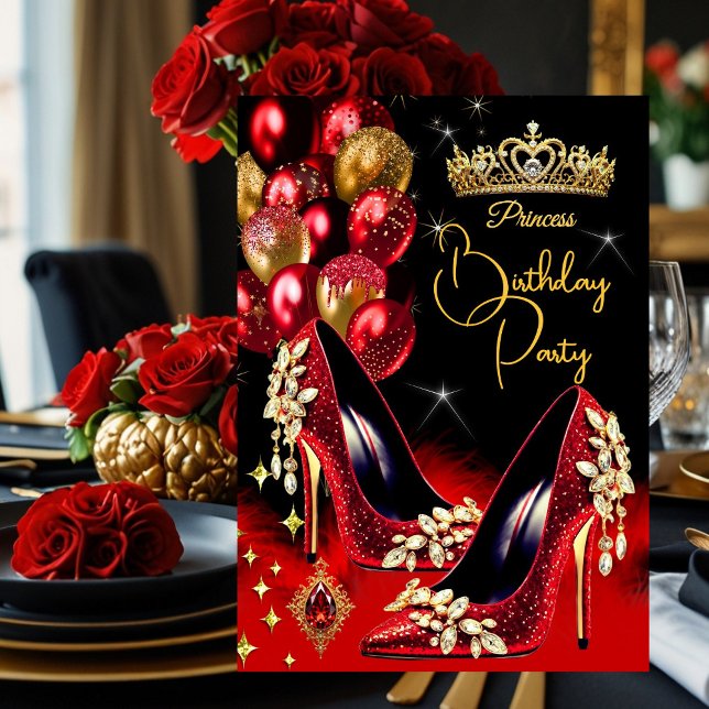 Convites Princesa Birthday Red Glitter High Heels Crown (Criador carregado)