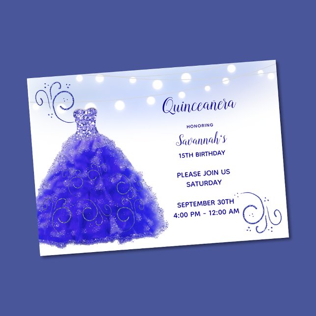 Convites Princesa Blue Gown String Luz Quinceanera (Criador carregado)