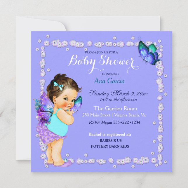 Convites Princesa Borboleta Bebê Menina Lavanda (Frente)