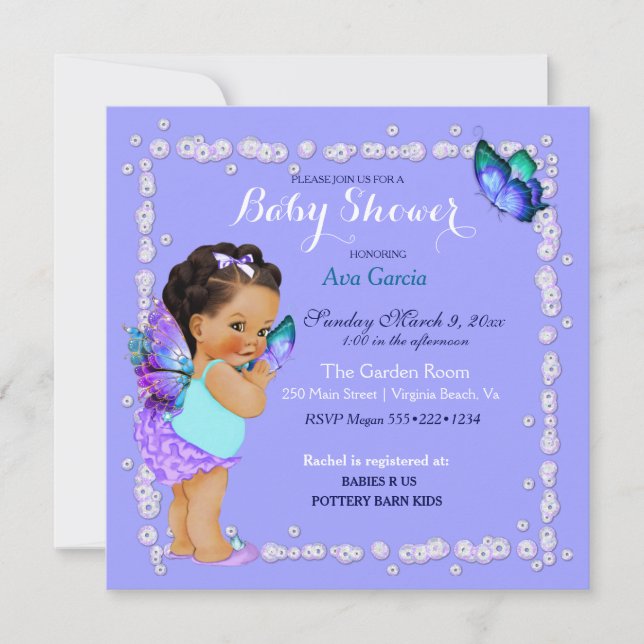 Convites Princesa Borboleta Bebê Menina Roxo Turquesa Invi (Frente)
