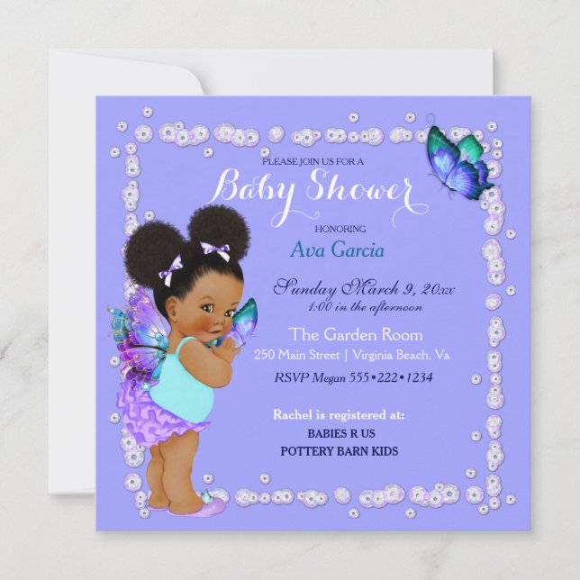 Convites Princesa Borboleta Bebê Menina Roxo Turquesa Invi (Frente)