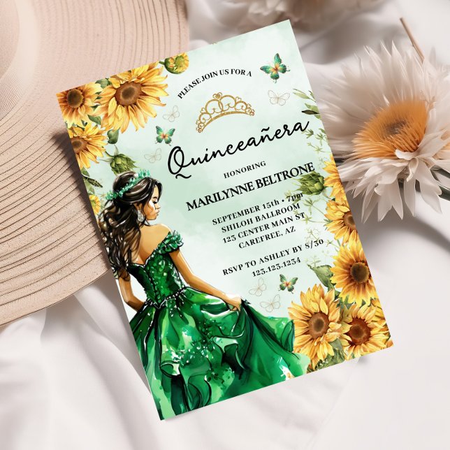 Convites Princesa Borboleta Girassol Verde Quinceañera (Criador carregado)