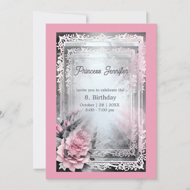 Convites princesa branca-rosa, aniversário de conto de fada (Frente)