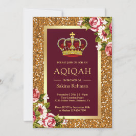 Convites Princesa Brilho Dourado Burgundy Floral Aqiqah