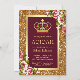 Convites Princesa Brilho Dourado Burgundy Floral Aqiqah