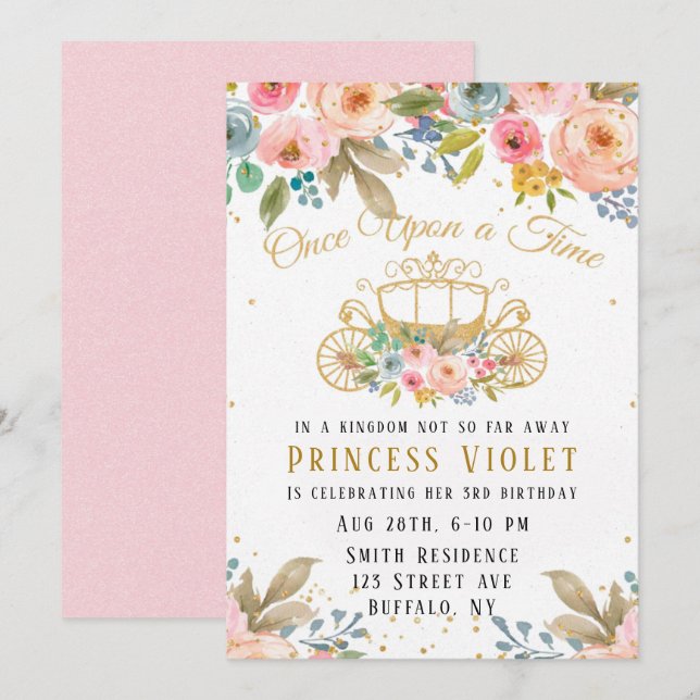 Convites Princesa Carruagem Dourada Brilhante 00ª Festa de  (Frente/Verso)