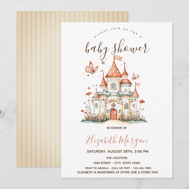 Convites Princesa Castelo Borboletas Listras Baby Shower   (Frente/Verso)