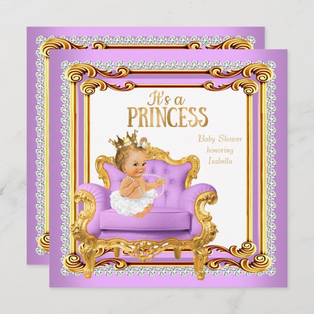 Convites Princesa Chá de fraldas Lilac - Cadeira Dourada Ro (Frente/Verso)