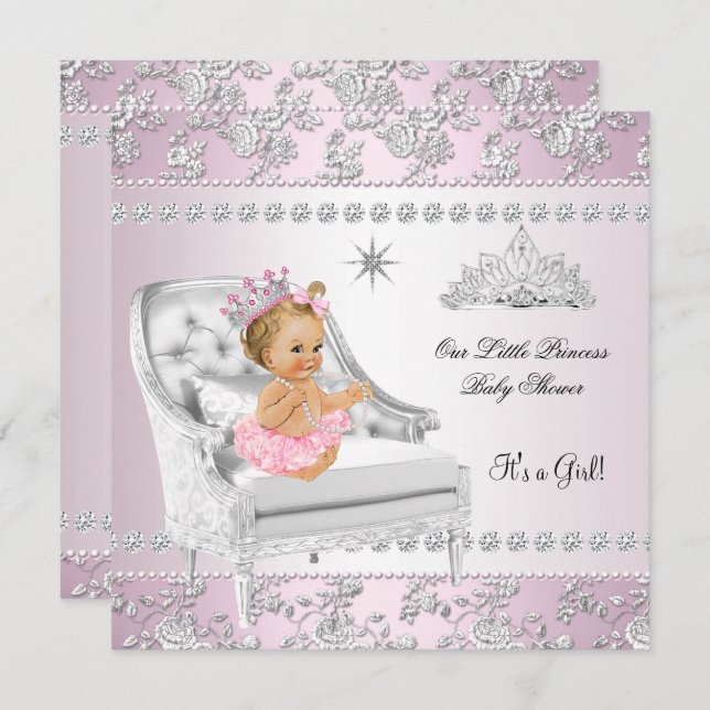 Convites Princesa Chá de fraldas Loura-de-Prata Rosa (Frente/Verso)