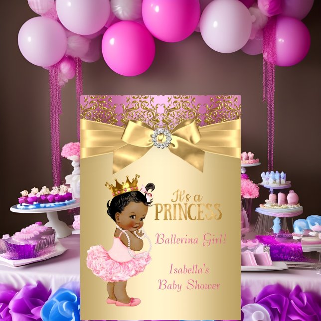 Convites Princesa Chá de fraldas Rosa Dourada Ballerina Étn (Criador carregado)
